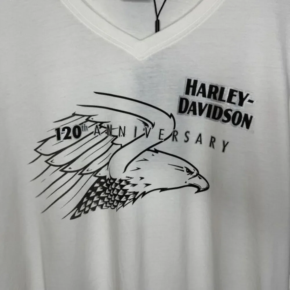 Harley Davidson Women's V Neck White Shirt 120th‎ Anniversary Large Eagle Design